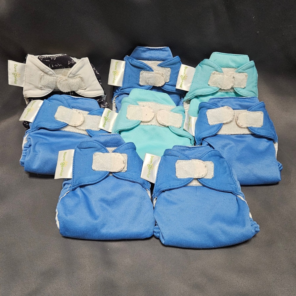 BumGenius XS Newborn All In One Cloth Diaper Lot of 8 Blue Teal Math Print